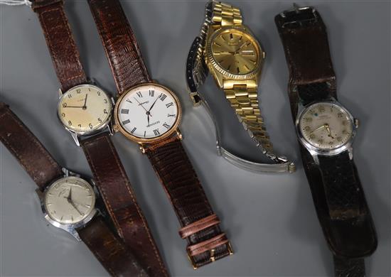 Five assorted gentlemans wrist watches including Timex and retailed by Camerer Cuss & Co.